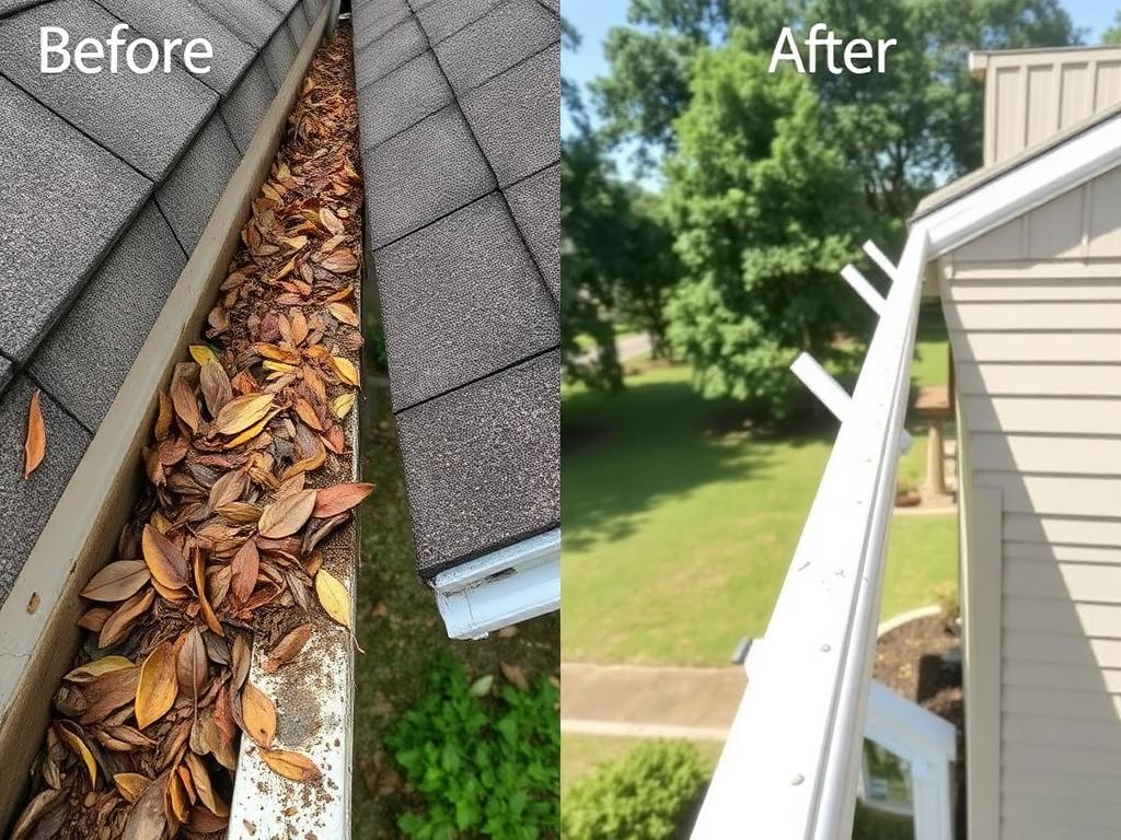 Before and after photo of a clogged gutter and the same gutter cleaned by Triad Gutter Pros in Winston-Salem