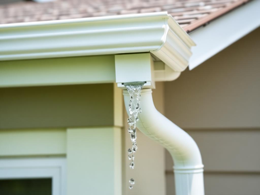 Clean white seamless gutter and downspout flowing freely after professional cleaning in Winston-Salem